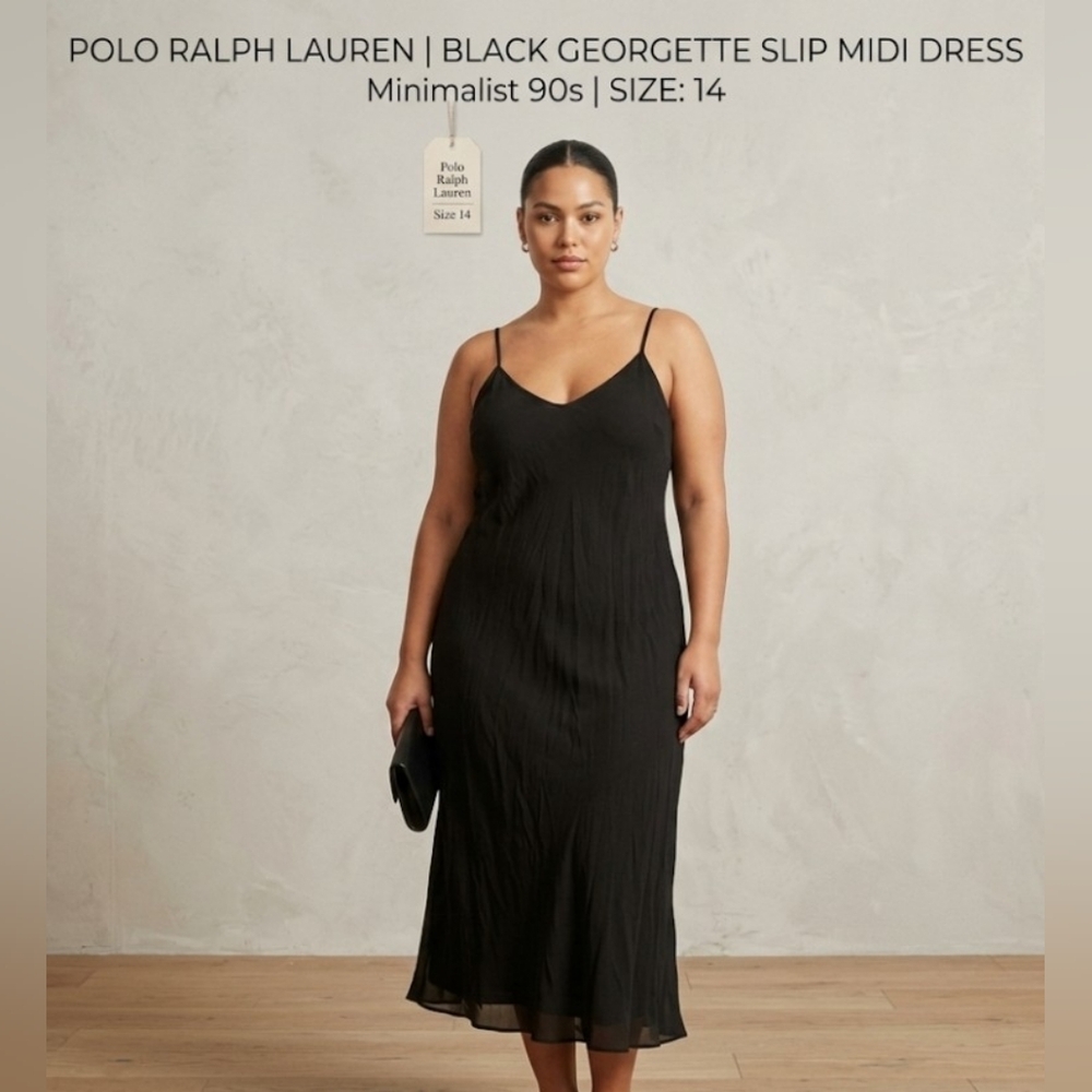 Polo Ralph Lauren Black Georgette Slip Midi Minimalist 90s Dress Size 14